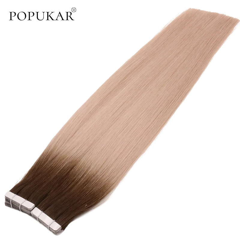 

Popukar 40pcs Ombre Indian Human Hair Natural Straight Remy Virgin Hair Raw Unprocessed Tape In Hair Extensions Invisible Skin