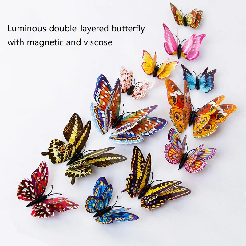 

12PCS luminous double layer magnetic butterfly wall stickers interior decoration 3d three-dimensional refrigerator stickers high