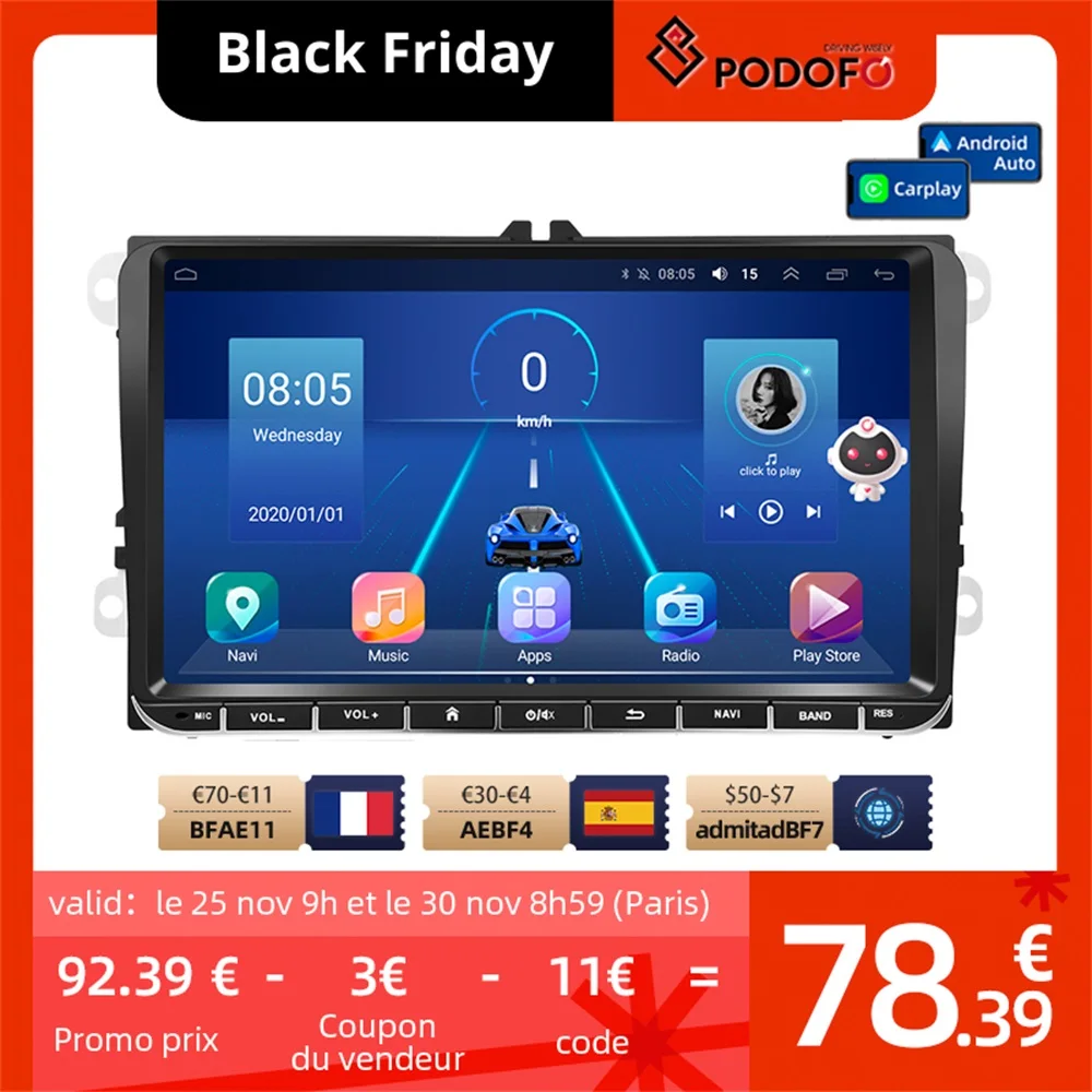 Podofo 9&quot Car Radio CarPlay Stereo Receiver Auto Android 10.0 GPS Navigation Head Unit 2 Din Multimedia Player For VW SEAT | Автомобили