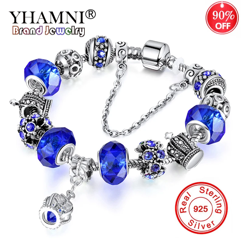 

YHAMNI Authentic 925 Silver Crown Pendant Charm Bracelets Female New European Style Crystal Beads Bracelet For Women Jewelry