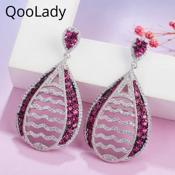 

QooLady New Cubic Zirconia Stone Rose Red Big Air Balloon Long Dangle Water Drop Earring for Women Bridal Wedding Jewelry E046