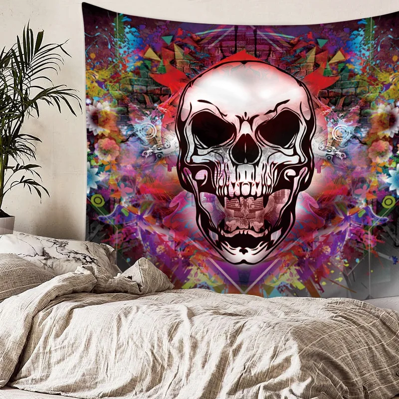 

Home Decor Abstract Skull And Flower Printed Polyester Fabric Art Wall Hanging Tapestry For Living Room Skull Wall Hanging