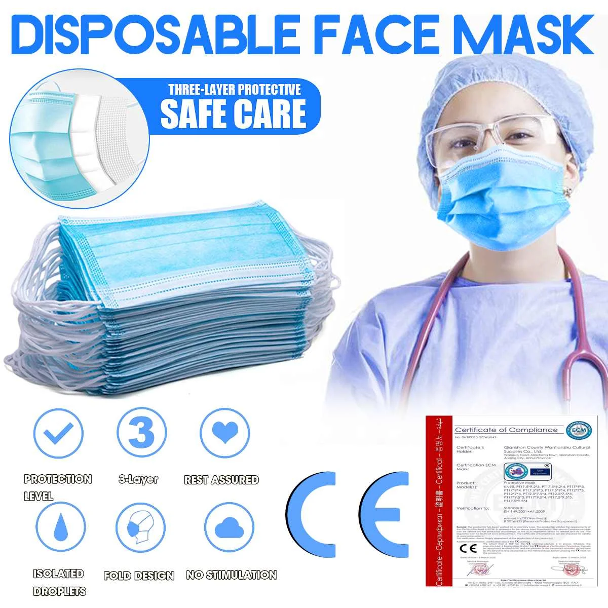 

50PCS 3-Layer Protective Mask PM2.5 Breathable Face Mask Non-Woven Anti Dust Proof Disposal Mask Set