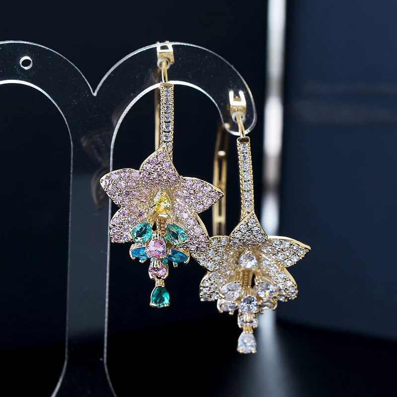 Очень Девушка роскошный цветок кольцо с кисточкой серьги Micro Pave AAA кубический циркон серьги для невесты высокое качество ювелирные изделия Новинка