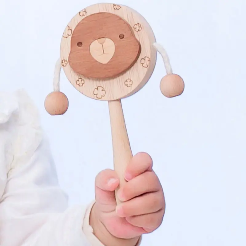 Baby Drum-Shaped Rattle Bed Bell Cute Baby Newborn Rattle Creative Practical Cartoon Wooden Bite Chew Toy Infant Comfort Toys