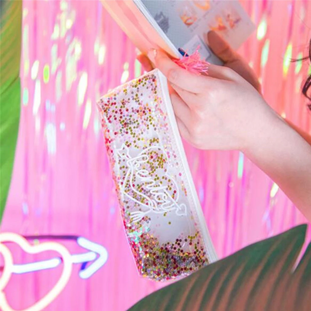 Прозрачная Водонепроницаемая косметичка Kawaii с блестками и кисточкой, косметичка для студентов, чехол-карандаш, канцелярский органайзер, школьные принадлежности