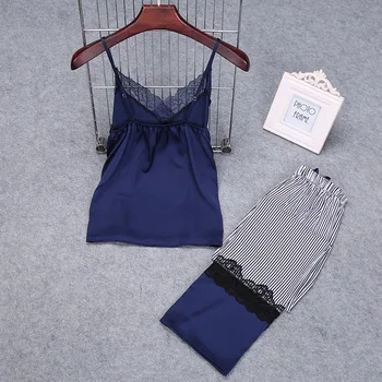 

Women Sexy Silk Satin Sleep Wear Set 2 Pieces Lace Pajama Set V-neck Pijama Set Summer Home Clothing Striped Pyjama Femme