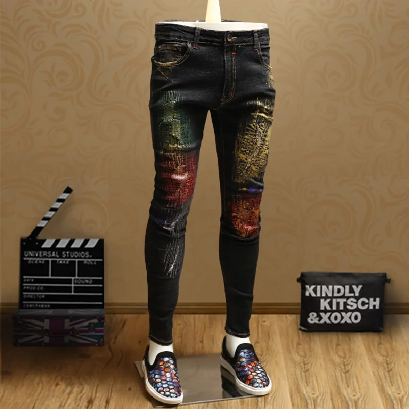 

Fashion Color Pattern Designer Jeans Men Skinny Ripped Personality Streetwear Blue Pencil Jeans Pants Large Size 36
