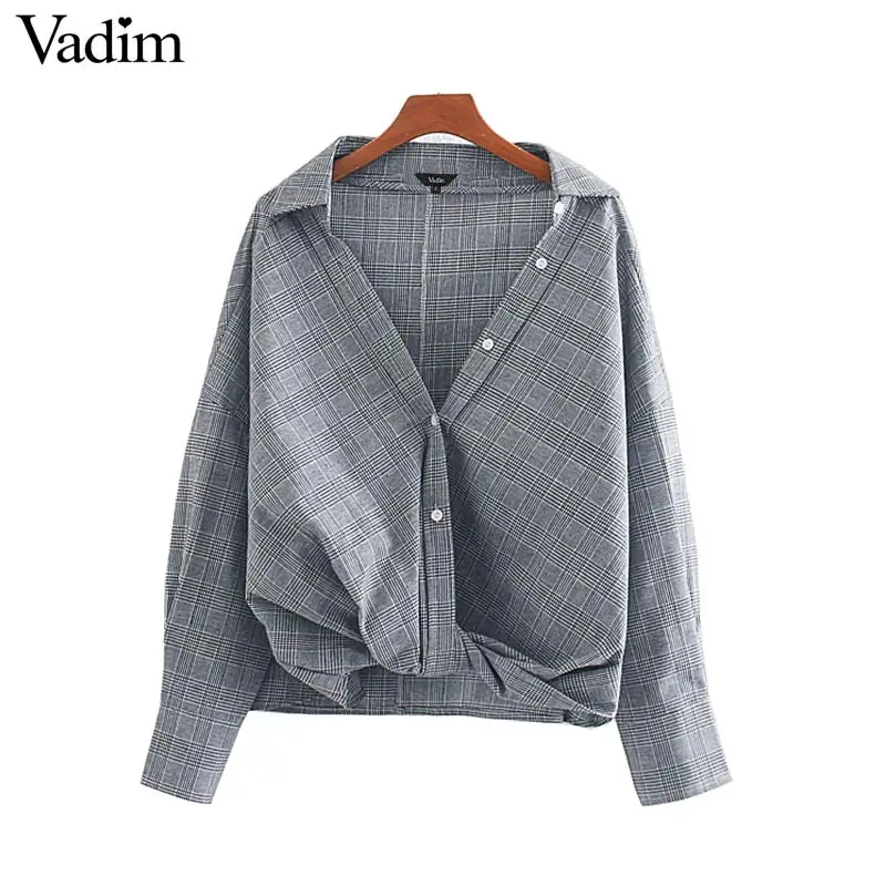 

Vadim women basic plaid oversized blouses checkered bow tie design long sleeve shirts office wear retro loose tops blusas LB719