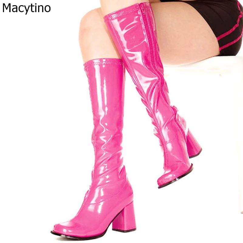 

Sexy Party Boot Woman Knee Boots Girls Fancy Pink Dress Chunky High-Heel Women Boots Shinning Patent Leather Calf Boots