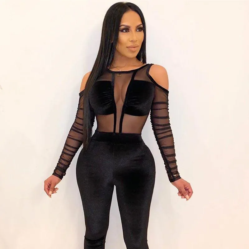 new design women velvet jumpsuit sexy long sleeve women bodysuit skinny club wear party bodysuit 3188
