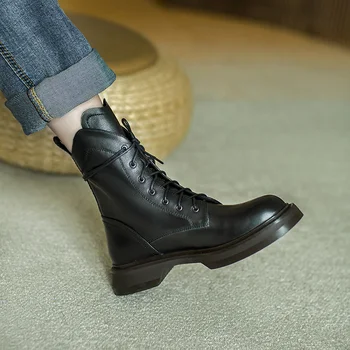 

MORDOAN Genuine Cow Leather Martin boots women's thick-soled short boots British style lace round toe flat ankle boots women