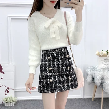 

Plaid Mini Skirt Set Korean Style Women 2 Piece Set Girl Student Casual Sweet 2 Piece Outfits Femme Winter Sweater Set G973
