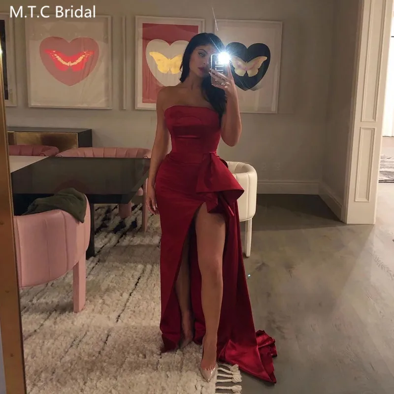 Burgundy Sexy Strapless Prom Dresses Long Satin Formal Occasion Party Dress High Slit Sleeveless Plus Size Wedding Guest Gowns | Свадьбы и
