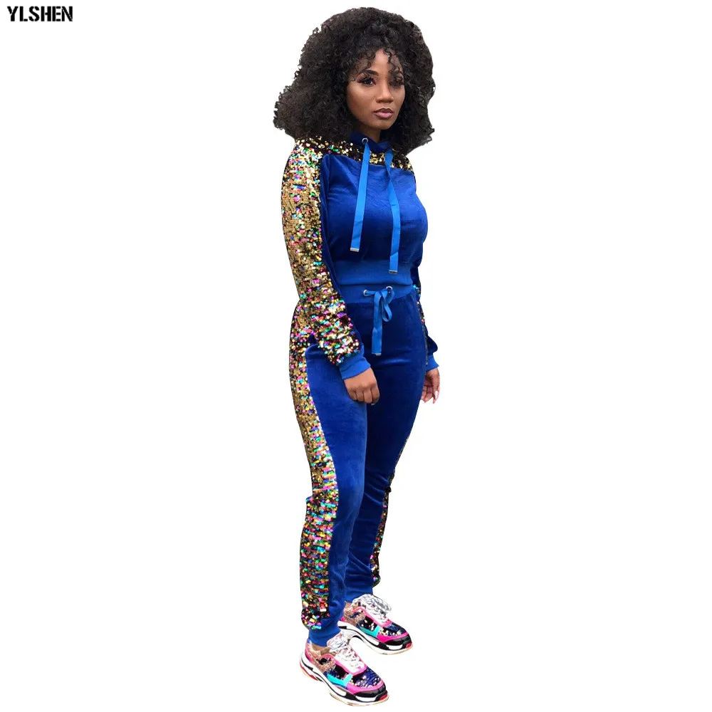 2 Two Piece Set Velvet Tracksuit Women Sexy Sequins Jogging Femme Plus Size Long Sleeve Tops +Pants Sweat Suits Matching Sets 08