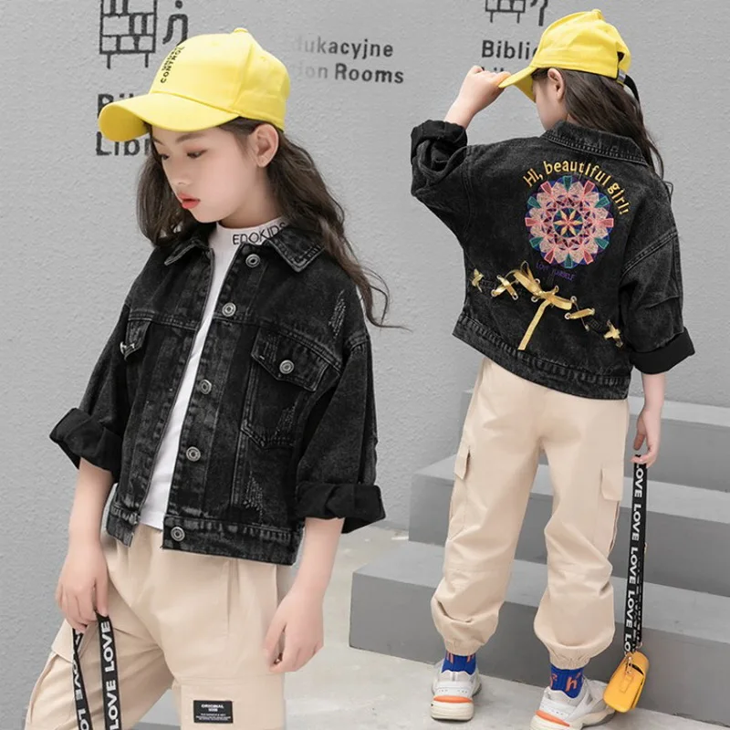 

2019 Fashion Girls Embroidered Ribbon Denim Jacket black toddler girls jean jacket Korean autumn Outerwear Coats 4 To 12 T