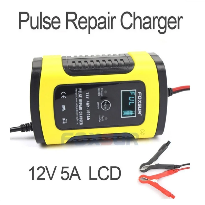 FOXSUR 12V 5A импульсное Ремонтное зарядное устройство с ЖК-дисплеем для мотоциклов и