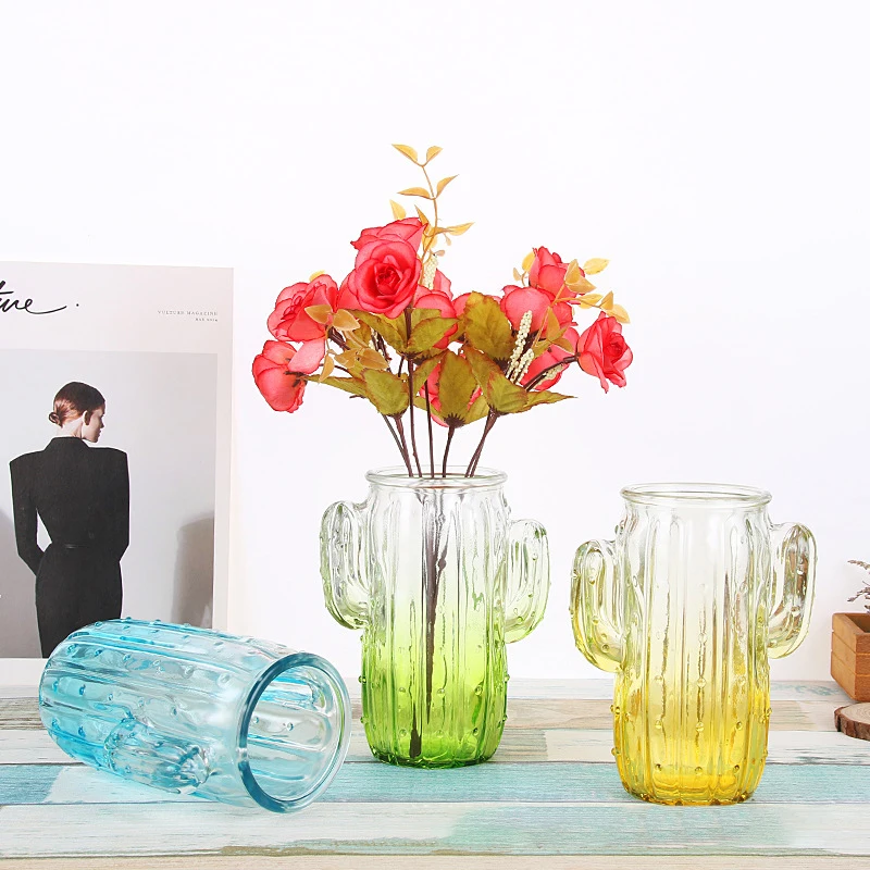 Gradient Colorful Cactus Vase Glass Flower Vase Home Decoration Figurines Miniature Model Art Vases Plants Holders Decoration