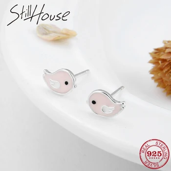 

Lovely Pink Happy bird Enamel Small Stud Earrings Authentic 925 Sterling Silver for Women fashion trend Silver Jewelry 2018