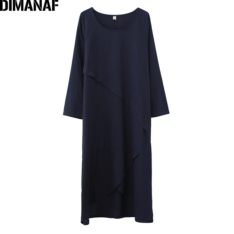 DIMANAF Women Dress Vintage Plus Size Autumn Vestidos Cotton Linen Spliced Solid Female Elegnat Lady Long Sleeve Dress Clothing