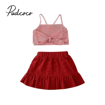 

Pudcoco Baby Summer 2020 Clothes Set Kids Baby Girl Sleeveless Striped Vest Crop Tops + Ruffle Skirt Children Outfits 1-6Y