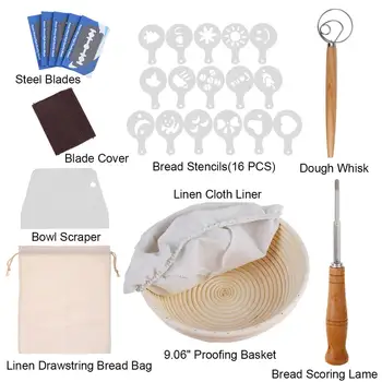 

Bakeware Rattan Bread Banneton Proofing Basket 28PCS/set with Bread Lame Stencils Dough Whisk Round Basket Fermentation Tool