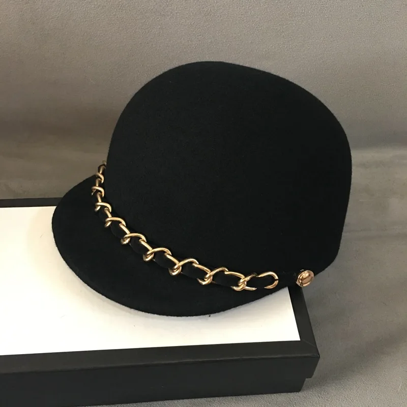 

Classical Soft Warm Wool Cap Felt Women Winter Hat Fashion Gold Chain Trim Newsboy Style Visor Beret Hat Black Cabbie Hat adjust