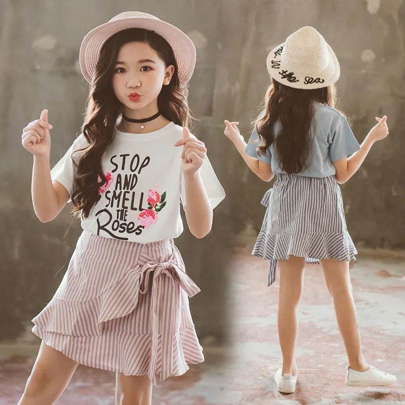 

Girls Rose Printing Short-sleeved T-shirt Short Skirt Two-Piece Set Summer Wear New Style Korean-style Fashion Flounced Skirt 8