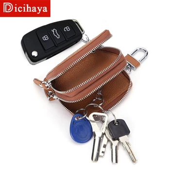 

DICIHAYA Cowhide Men women car key case Double zipper Home Key Case with Transparent Window