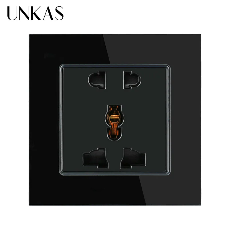 UNKAS, AC 110~ 250 V, настенный выключатель, универсальный, 5 отверстий, розетка, роскошная, 13A, настенная розетка, белая, Хрустальная, стеклянная панель - Тип: Black