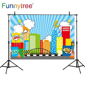 

Funnytree backdrop photophone Super hero 1st Birthday Boom building cloud children Photocall Photography Backgrounds photocall