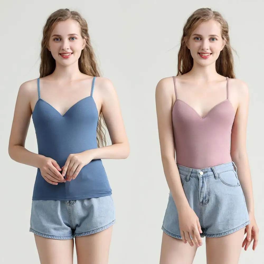 

2019 Women Solid Tank Top Underwear Adjustable Strap Built In Cup Padded Wireless Slim Camisole Camis for Small Breast Girls