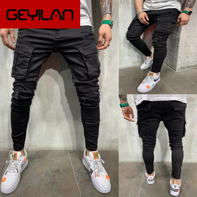 

New Black Biker Cargo Jeans Men Multi-Pocket Slim Fit Joggers Trousers Mens Ripped Hole Motorcycle Streetwear Denim Pencil Pants