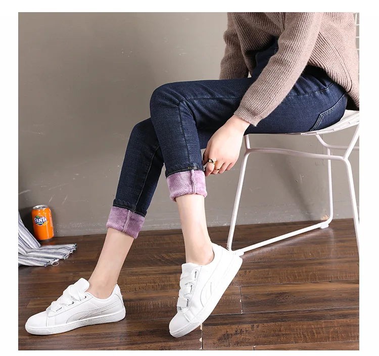 Women's Autumn Winter Blue Black Skinny Stretch Jeans Women Thick Fleece Warm Jeans Female High Elastic Waisted Jeans Woman