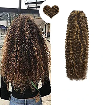 

Ugeat Clip in Hair Extensions Kinky Curly Clip in Human Hair Extensions Highlight Brown Color #P4/27 Machine Remy Hair 120G/7P