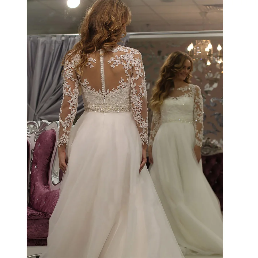 Настоящее кружевное свадебное платье с длинными рукавами шифоновые Свадебные платья с бисером пояса вечернее платье de mariee vestido novia