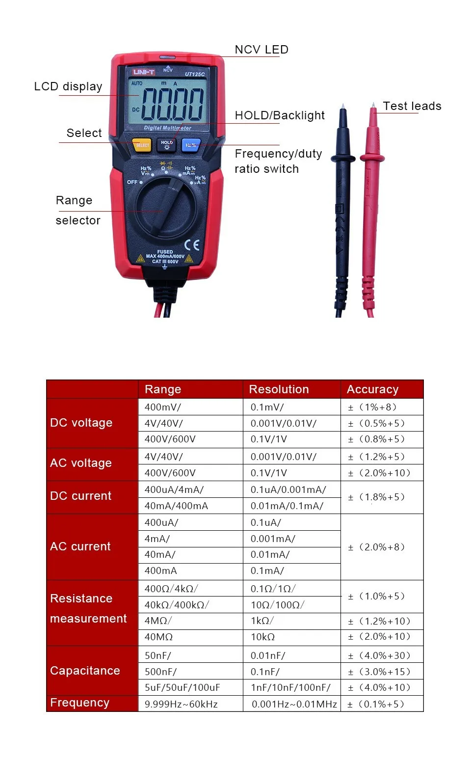 UNI-T UT125C Ручные Цифровые мультиметры мини мультиметр AC/DC Напряжение Ток Сопротивление Емкость Диод Непрерывность тест