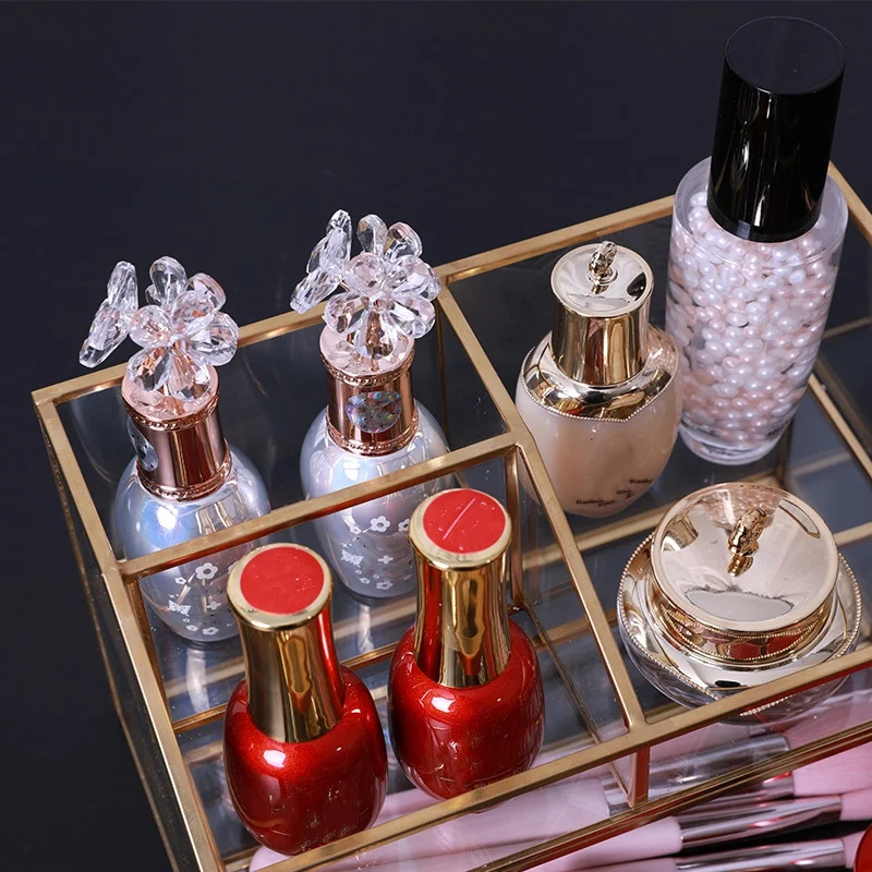 Nordic Metal Glass Cosmetic Storage Box Drawer Organizer Desktop Dust Proof Cotton Swab Tissue Box Dressing Table Shelf Decor
