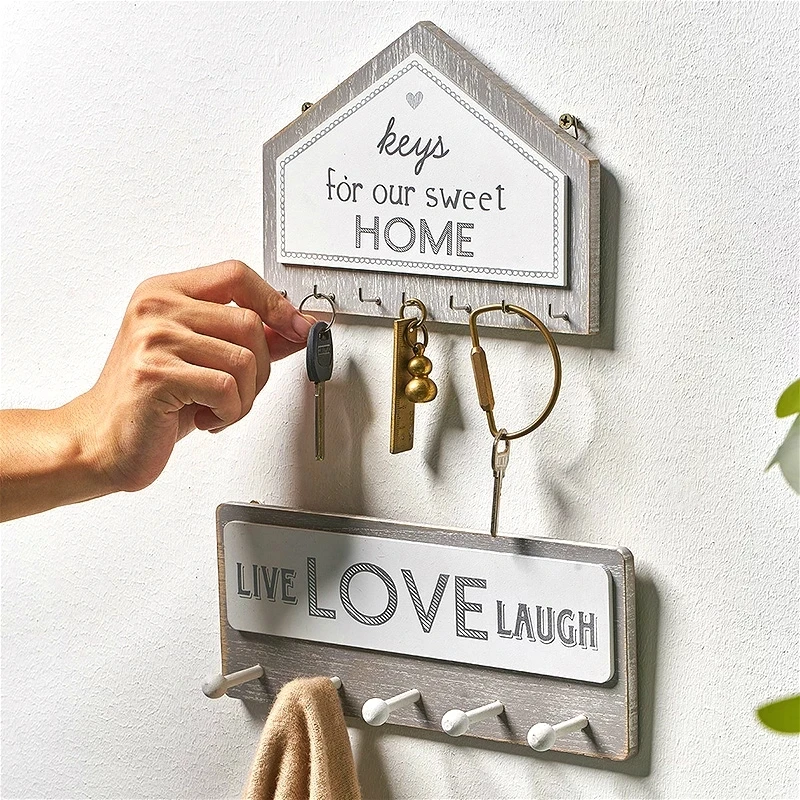 

Wall Hanging Hook up Wood Key Hanger, Rectangle House Shape Rack Hooks, Home Decoration, Keychain Holder, Coat Organizer