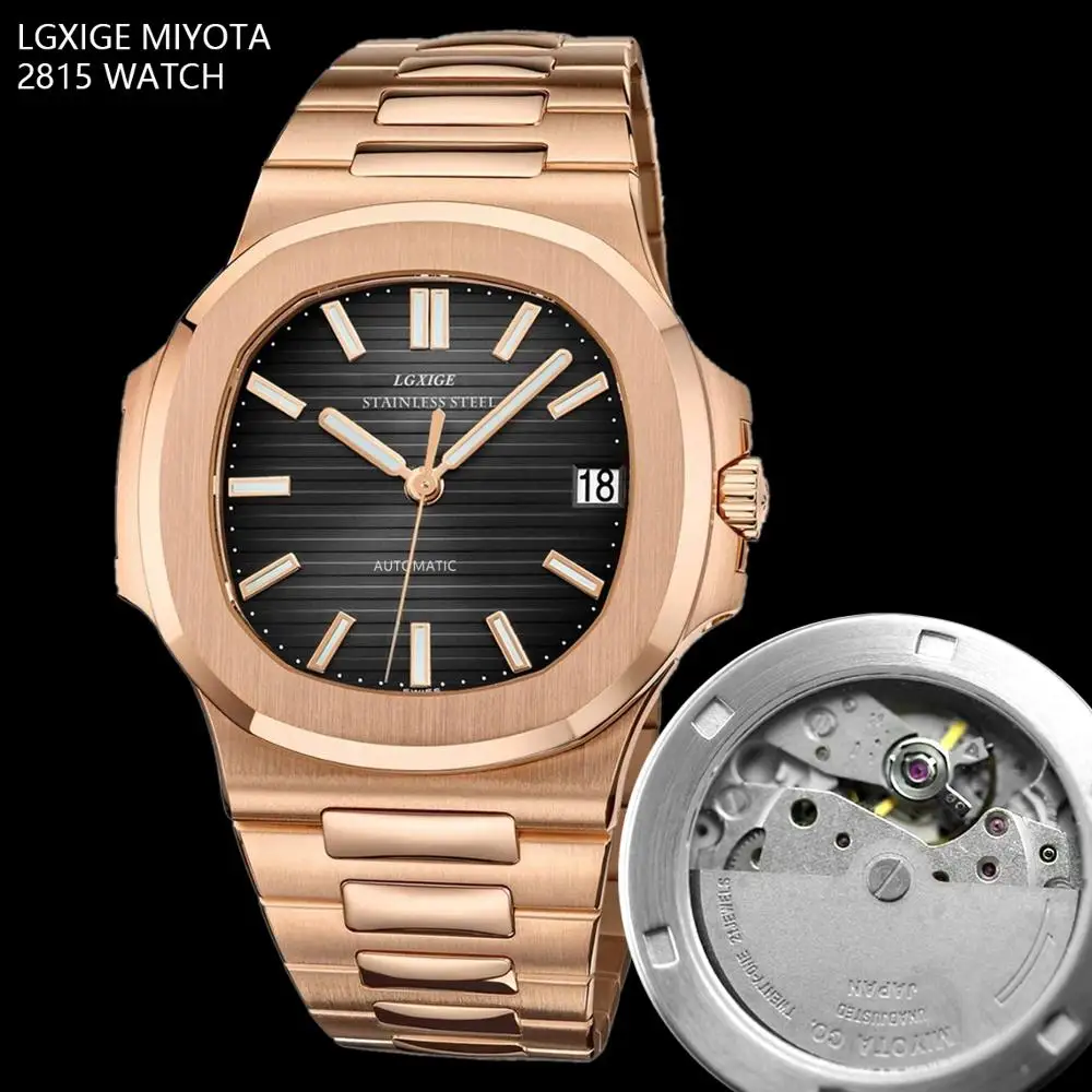 rosegold black LGXIG Брендовые мужские часы автоматические механические часы Япония 8215 спортивные часы повседневные деловые часы в ретро-стиле Relojes Hombre - Цвет: rosegold black