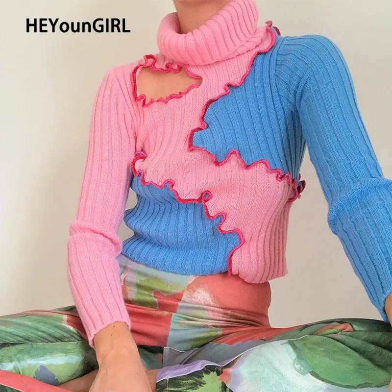 

HEYounGIRL Frill Cut Out Pink Turtleneck Sweater Women Patchwork Ribbed Knit Crop Top Pullover Autumn Long Sleeve Jumper Casual