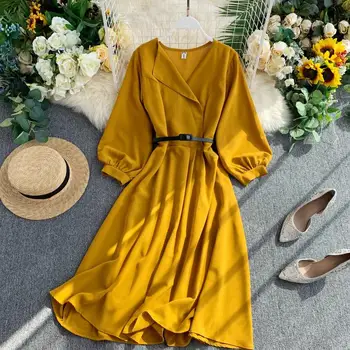 

2020 Fashion Spring Summer Chiffon Slim V Neck Puff-Sleeve Belt Dress Beach Party Evening Women Casual Elegant Dress Vestidos