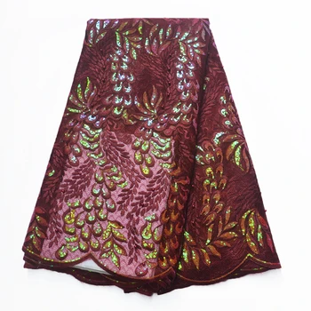 

Wine red 5Yards 2019 Latest sequined lace fabric French Nigerian Lace Fabrics High Quality sequin African Lace Fabric Wedding