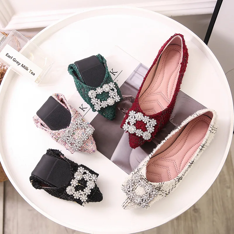 

Mixed Color wool girls foldable roll-up shoes woman pointy toe flats square crystal bride wedding shoes all-match soft moccasins