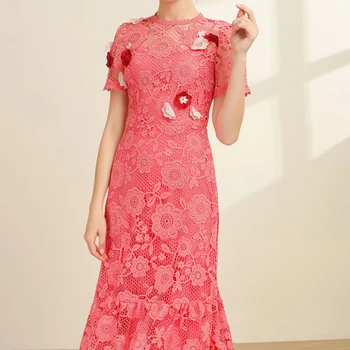 

Runway Retro Water-Soluble Flower Hollow Slim Temperament Elegant Party Long Dress Women'S Spring Summer New High Quality