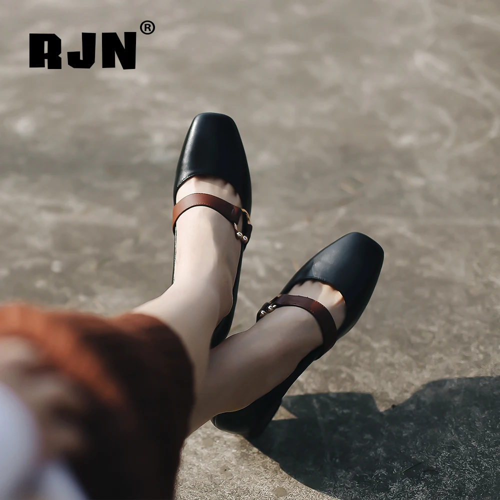 RJN Elegant Square Toe Pumps Matel Decoration Square Wood Grain Heel Shallow Well Shoes Genuine Leather Slip-On Women Pumps RO15