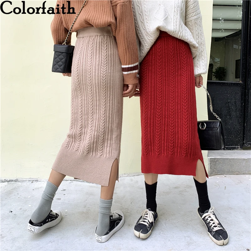 

Colorfaith New 2019 Autumn Winter Women Warm Knitted Skirts Split Ladies Slim Package Hip High Waist Casual Fashion Midi SK4322