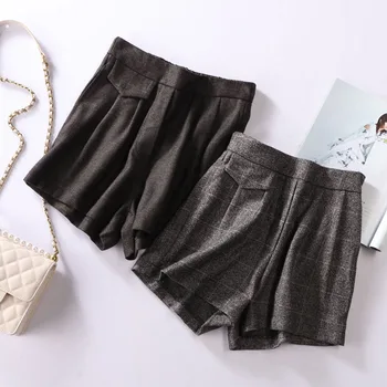 

Elegant Women Woolen Plaid Shorts Spring Autumn Winter Shorts High Waist Loose Fashion Suit Short For Women Femme Pantalon WH74