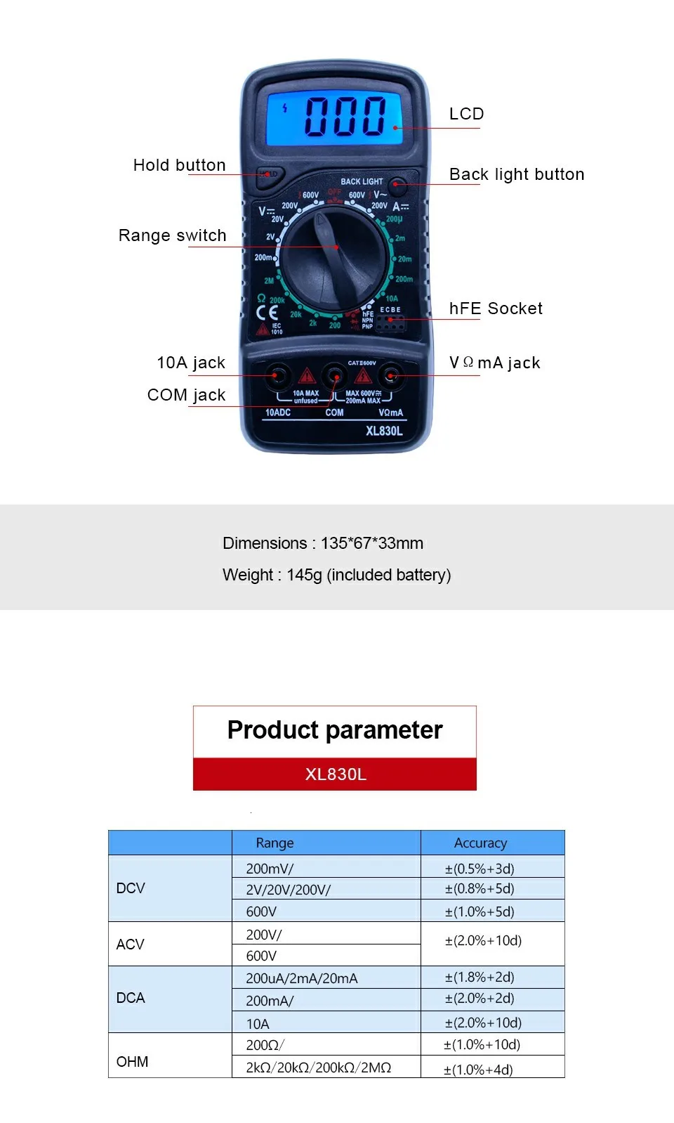 OUTEST Цифровой мультиметр сопротивление тока Транзистор hFE lcd Multimetro мультитестер Medidor цифровой мультиметр