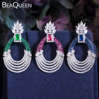 

BeaQueen Glitering Dubai Big Round Drop Earrings Micro Paved Blue Green Red Cubic Zircon Crystal Bridal Wedding Jewelry E386